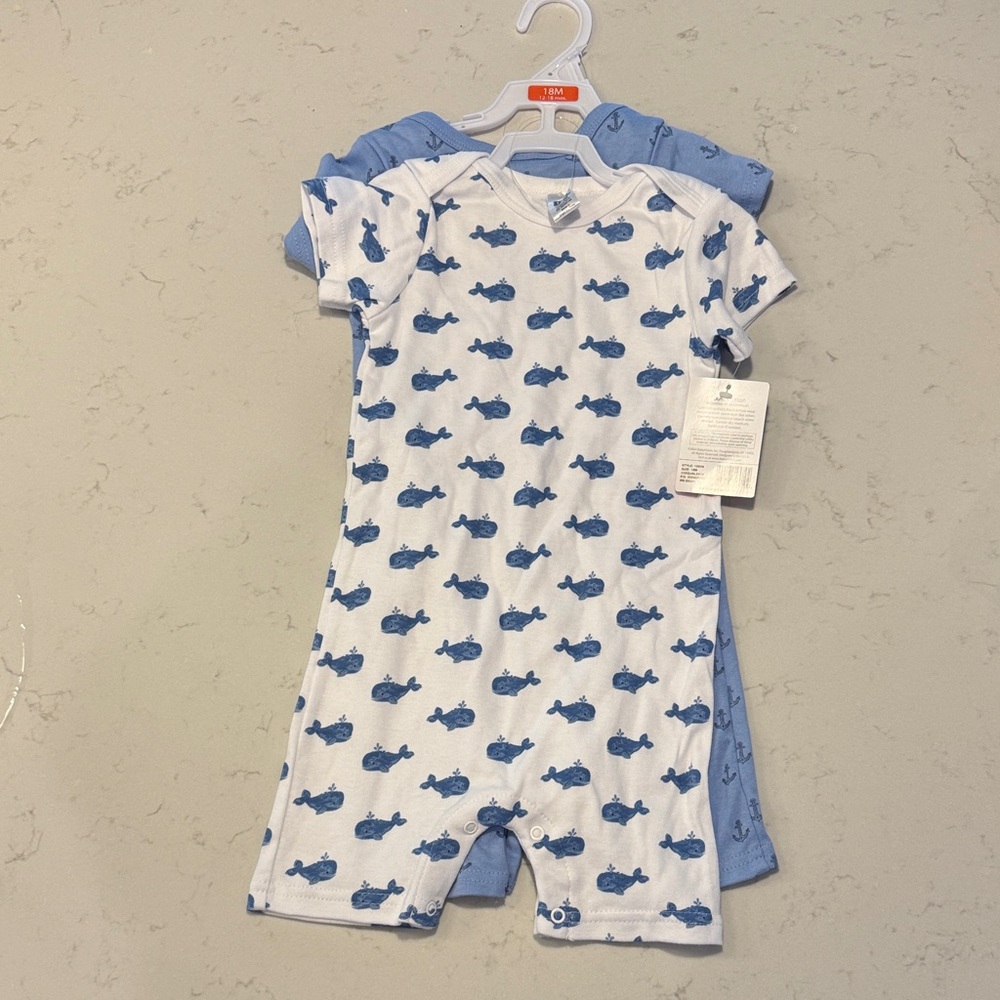 Hudson Baby White and Blue Whale Print Short Sleeve Rompers - 2 Pack